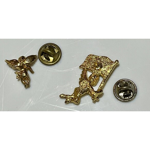Set Of 2 Vintage Gold Tone Angel Cherub/Angel W/ American Enamel Flag Lapel Pin - Picture 4 of 6